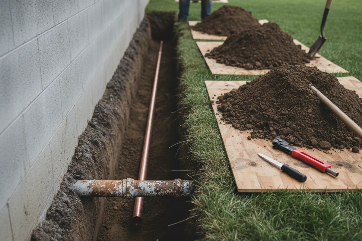 Excavated water line trench during Sewer Line Repair in Eldon